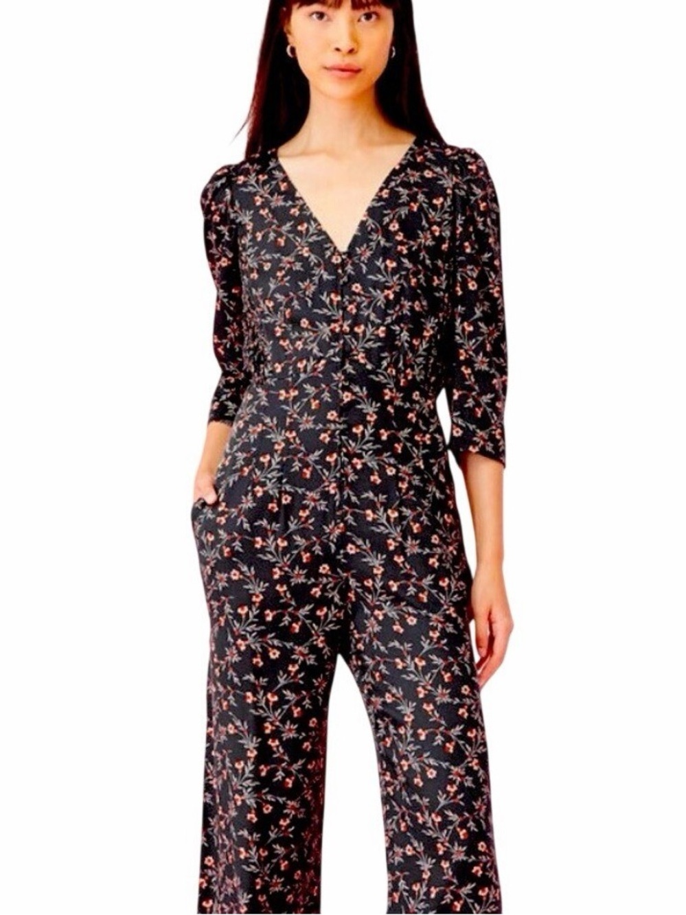 Rebecca Taylor Black Jumpsuit with Pink Floral Print